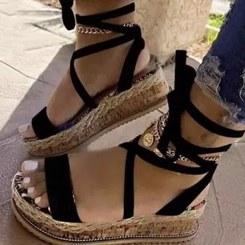 Повседневные сандалии с открытым носком и толстым дном для женщин, этнический леопардовый принт, римские туфли на плоской подошве с ремешком на щиколотке, размер 35-42 35 чёрный