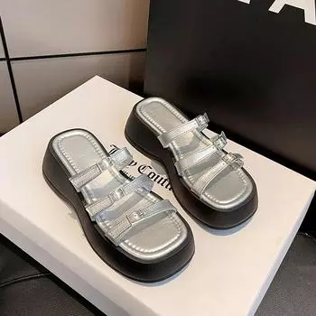 Повседневные сандалии с полым ремнем и пряжкой, женские, лето 2024 г., новые туфли на толстой подошве, увеличивающие высоту, гладиаторские сандалии, каблук 6 см, шлепанцы 36