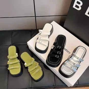 Повседневные сандалии с полым ремнем и пряжкой, женские, лето 2024 г., новые туфли на толстой подошве, увеличивающие высоту, гладиаторские сандалии, каблук 6 см, шлепанцы 35 зелёный