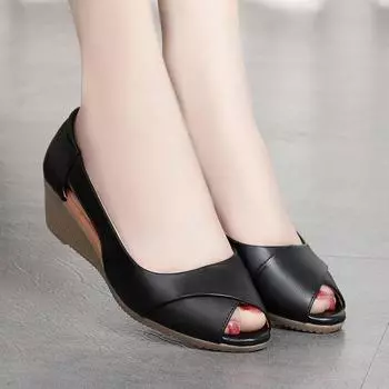 Повседневные сандалии женские босоножки на танкетке туфли-лодочки с пряжкой на щиколотке с открытым носком Fish Mouth Med Летняя женская обувь Модная обувь на танкетке88u 35 чёрный