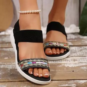 Повседневные сандалии женские летние 2025 года на платформе с плоским каблуком и застежкой-рыбьим ртом эластичные импортные босоножки большого размера со стразами разноцветные 36 чёрный
