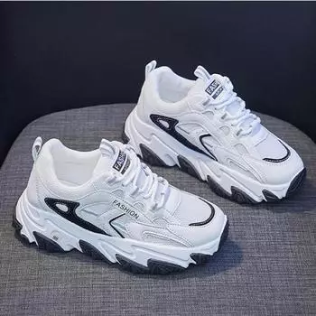 Повседневные сетчатые дышащие кроссовки с толстой подошвой, подходящие по цвету, женские 2024, новые модные простые универсальные женские туфли, осеннее время 35 чёрный