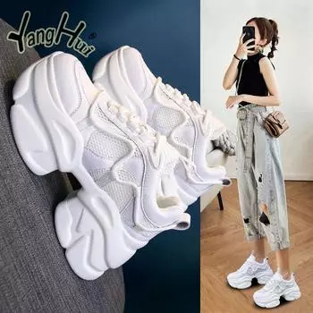 Повседневные сетчатые дышащие удобные кроссовки 2024 года, новые модные износостойкие кроссовки с толстой подошвой для бега, женские летние спортивные туфли 34 чёрный