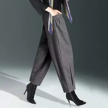 Повседневные шерстяные брюки-шаровары с высокой талией для женщин осенью и зимой M чёрный