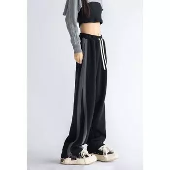 Повседневные широкие брюки для женщин на осень и зиму, свободные, с высокой талией, свободные прямые спортивные брюки, спортивные брюки в американском стиле S коричневый