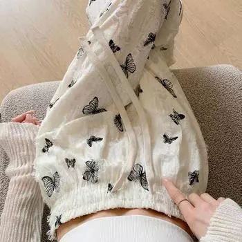 Повседневные широкие брюки с принтом бабочки и рваными отверстиями для женщин, брюки-нищие, прямые брюки с высокой талией M розовый