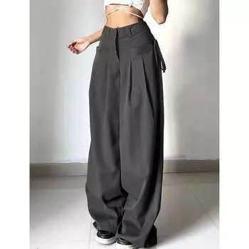 Повседневные широкие брюки со сборками, женские уличные базовые свободные спортивные брюки с высокой талией, корейские серые офисные женские брюки в стиле ретро S чёрный