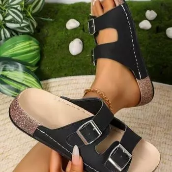 Повседневные шлепанцы с пряжкой на поясе для женщин на лето, большие размеры, пляжные тапочки в одну линию 36 чёрный