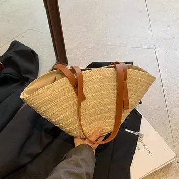 Повседневные соломенные женские сумки через плечо, бумажные плетеные женские сумки большой вместимости, летняя пляжная сумка ручной работы, дорожная корзина, сумка-шоппер 42*10*20cm хаки