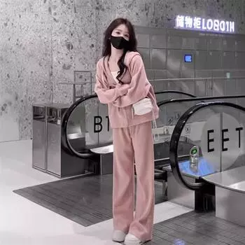 Повседневные спортивные комплекты женские осенне-зимние модные свободные костюмы с карманами, украшением, кардиганом с капюшоном, толстовкой и спортивными штанами, комплект из 2 предметов XXXXXL розовый