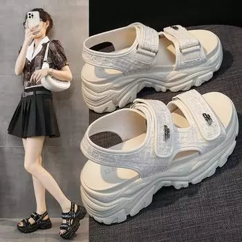 Повседневные спортивные сандалии женские модели летние толстые подошвы увеличение роста липучки пляжные римские туфли 35 чёрный