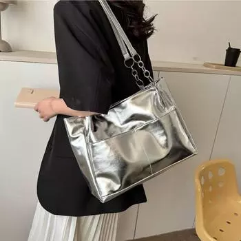 Повседневные сумки для женщин 2024 года, новая большая сумка через плечо, фактура, яркая сумка-тоут из искусственной кожи, сумка-шоппер на цепочке, сумка-шоппер золотой