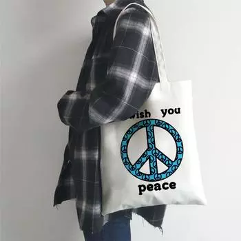 Повседневные сумки мира и любви в стиле Харадзюку, сумки на плечо, вместительные многоразовые сумки для покупок для девочек, женские элегантные холщовые сумки 24*26cm