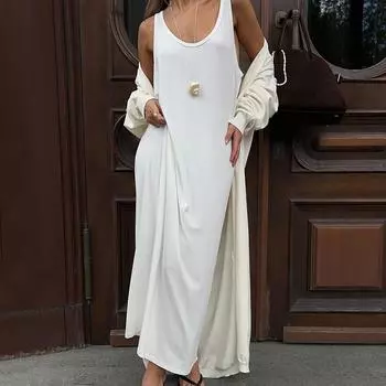 Повседневные свободные длинные платья с круглым вырезом для женщин, универсальные однотонные платья без рукавов с жилетом, женские, новые, весна-лето 2025, повседневные платья S белый