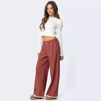 Повседневные свободные клетчатые кружевные прямые брюки женские весенние ретро универсальные повседневные длинные брюки с высокой талией на пуговицах S оранжевый