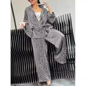 Повседневные свободные леопардовые бархатные пальто на молнии и брюки, комплекты из двух предметов для женщин, осенне-зимние куртки с поясом и широкими брюками M серый