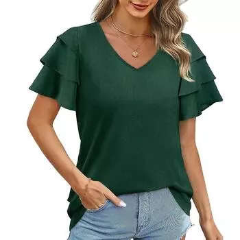 Повседневные свободные летние женские рубашки 2023, модная шифоновая блузка с коротким рукавом, женские топы, элегантная женская одежда с v-образным вырезом 26486 S зелёный