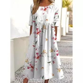 Повседневные свободные платья с круглым вырезом и карманами для женщин, большие размеры, летнее новое женское платье с коротким рукавом, модное элегантное винтажное длинное платье с цветочным принтом 3364 S