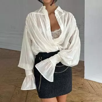 Повседневные свободные прозрачные рубашки женские осенние лацканы с длинным рукавом пэчворк блузка топ уличная женская однотонная рубашка топ S розовый