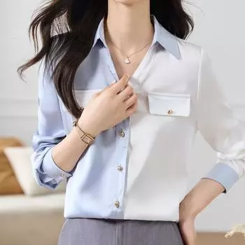 Повседневные свободные рубашки на пуговицах, модные женские офисные женские блузки с длинными рукавами, женские лоскутные женские топы, одежда 29314 S синий