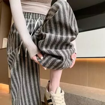 Повседневные свободные серые полосатые широкие брюки для женщин весна-лето с высокой талией, прямые брюки длиной до пола, женские брюки S