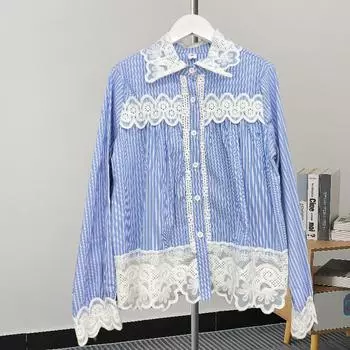 Повседневные свободные сетчатые кружевные рубашки для женщин, весна и осень, новые модные винтажные повседневные блузки, женские топы, элегантная шикарная свободная женская рубашка 25808 S синий
