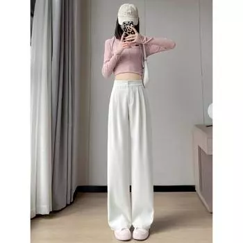 Повседневные свободные широкие брюки с высокой талией для женщин, весна-осень, женские белые костюмы длиной до пола, брюки, женские длинные брюки XS бежевый