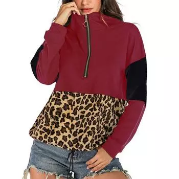 Повседневные свободные толстовки с капюшоном в стиле пэчворк с леопардовым принтом для женщин, топы на молнии с длинным рукавом и капюшоном, теплая толстовка S