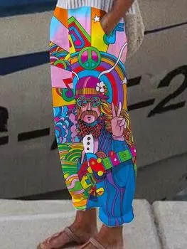 Повседневные свободные женские брюки с 3D-принтом и художественным узором - Европейская и американская коллекция 2024 г. S