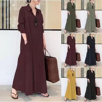 Повседневные свободные женские однотонные платья с лацканами и длинными рукавами в Европе и США, простые длинные платья больших размеров XXXXXL чёрный