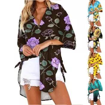 Повседневные свободные женские рубашки, модная блузка больших размеров с принтом, рубашка с длинными рукавами и пуговицами, женские топы M синий