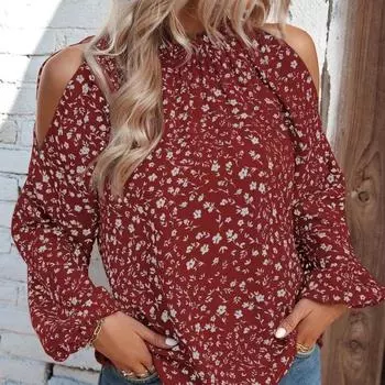 Повседневные свободные женские топы, шифоновые офисные женские блузки с длинными рукавами, модные женские рубашки с открытыми плечами с принтом 28422 S зелёный