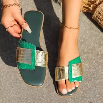 Повседневные тапочки на плоской подошве для женщин, удобный квадратный носок, однорядный узор из камней, большие туфли 36 зелёный
