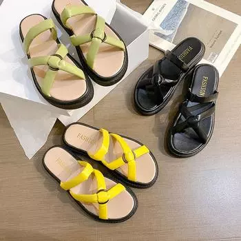 Повседневные тапочки на плоской подошве, женские, 2024 г., летние туфли с перекрестными ремешками, большие размеры, сандалии на платформе с открытым носком и низким каблуком, шлепанцы 35 чёрный