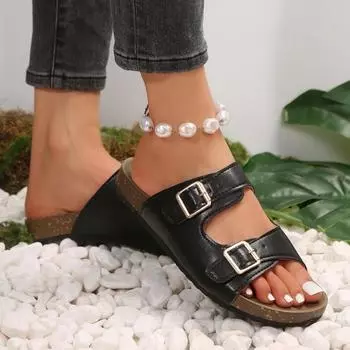 Повседневные тапочки с толстой подошвой, классные, женские, летние, новые, с двумя пряжками на поясе, верхняя одежда, одно слово, большие пляжные тапочки для женщин 35 чёрный