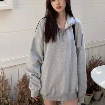 Повседневные толстовки большого размера, женские корейские модные серые однотонные пуловеры с воротником-поло Kpop, осенняя уличная одежда XL серый