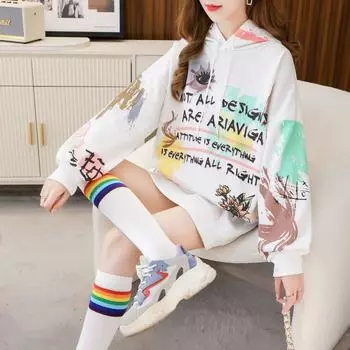 Повседневные толстовки для женщин, свободные ленивые граффити, студенческие куртки с капюшоном и длинными рукавами, толстовки M разноцветный