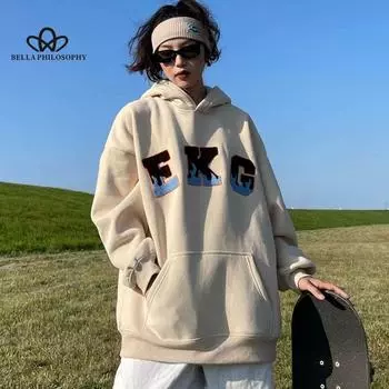 Повседневные толстовки с капюшоном в стиле ретро с алфавитом и пламенной вышивкой, женский осенне-зимний свободный свитшот для пар S абрикосовый