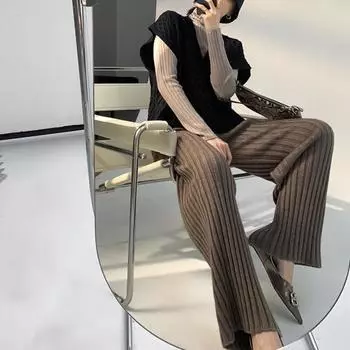 Повседневные толстые трикотажные женские брюки с эластичной резинкой и высокой талией, свободные женские широкие брюки, длинные брюки, осенне-зимние полосатые панталоны XXXL чёрный