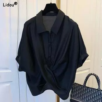 Повседневные тонкие летние блузки в Корейском стиле, свободная мода с отложным воротником, однотонная интеллектуальная женская одежда на пуговицах с короткими рукавами 2023 L белый