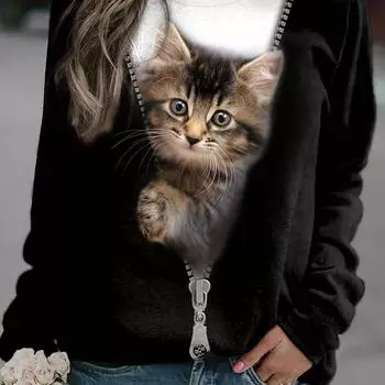 Повседневные топы больших размеров, женские топы больших размеров с цветными блоками и милым принтом кота, с длинными рукавами и круглым вырезом S