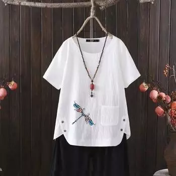 Повседневные топы Coffee Date, льняная футболка в стиле ретро с абстрактным рисунком, женская свободная рубашка с коротким рукавом, размер S-4XL S белый