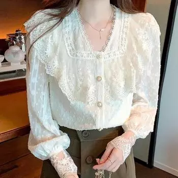 Повседневные топы, женские винтажные милые кружевные рубашки с рюшами, женская мода, приталенная блузка с длинным рукавом, женские элегантные свободные рубашки с v-образным вырезом, женские 24228 S абрикосовый