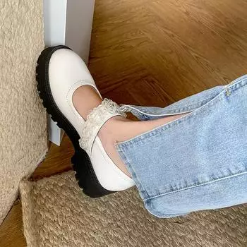 Повседневные туфли из кожи с бисером, толстая подошва, увеличенный размер, 2024, новые простые универсальные женские туфли Мэри Джейн, летнее время 35 чёрный