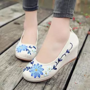 Повседневные туфли-лодочки с цветочным принтом в этническом стиле, женская обувь на танкетке без шнуровки с вышивкой 35 абрикосовый