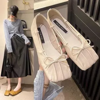 Повседневные туфли Мэри Джейн на плоской подошве для женщин 2024 года, новые модные простые универсальные туфли с бантом и квадратным носком, однотонные летние туфли 35 покинуть белый