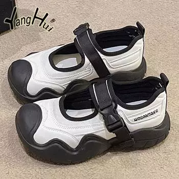 Повседневные туфли Мэри Джейн на толстом каблуке с круглым носком, женские туфли 2024 года, новые модные простые туфли большого размера с вырезами, лето 35