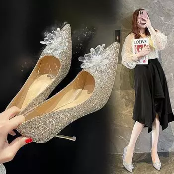 Повседневные туфли на каблуках 2024 года, сексуальные туфли для трансвеститов, сандалии на платформе, женские туфли-лодочки со шнуровкой и острым носком, удобные для банкета и свадьбы 34 золотой