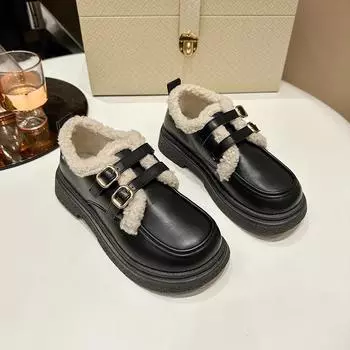 Повседневные туфли на низком каблуке для женщин, горячая распродажа, зимние туфли без застежек на квадратном каблуке, женская обувь, короткие плюшевые сапоги Zapatos Para Mujeres 35 чёрный