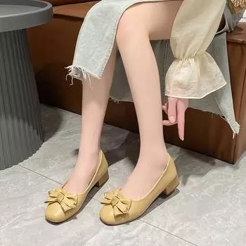 Повседневные туфли на низком каблуке женские весенние новые модели 2024 года неутомимые ноги женские туфли с бантом легкий рот квадратная голова средний каблук туфли Doudou 35 чёрный